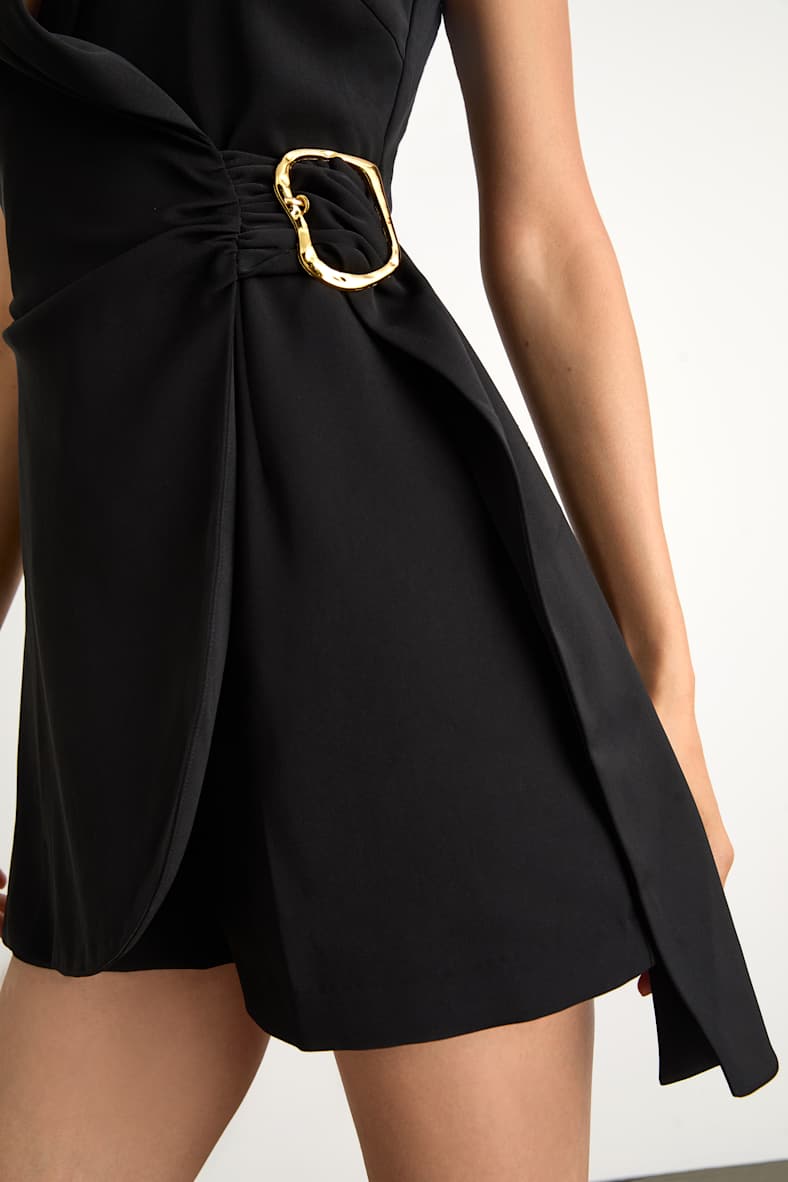 Angie Black Collared Wrap Belted Romper