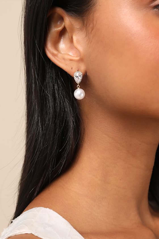 Miona Gold and White Pearl Rhinestone Drop Earrings - thumbnail 2
