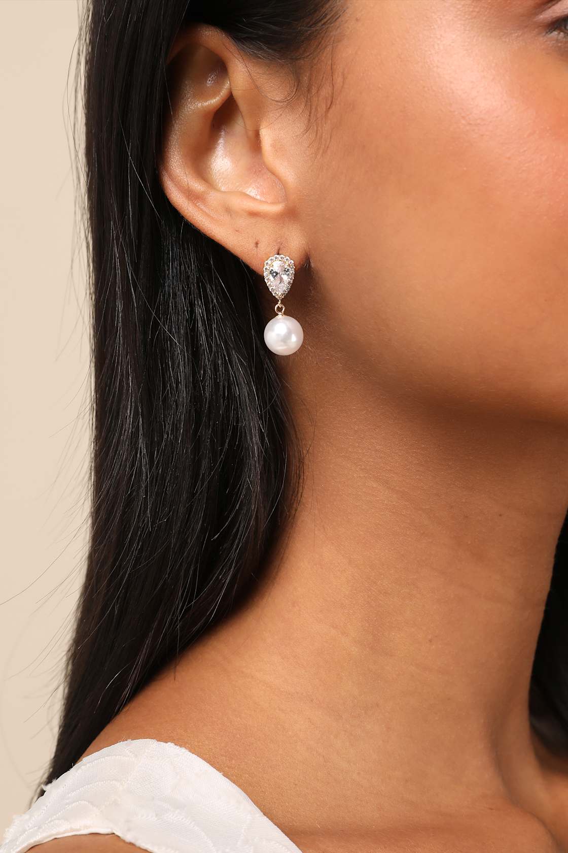Miona Gold and White Pearl Rhinestone Drop Earrings