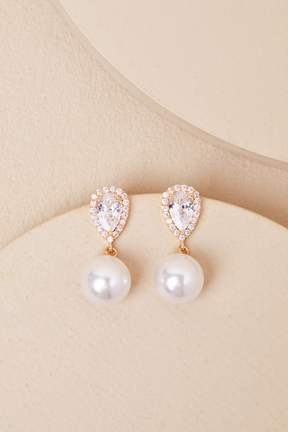 Miona Gold and White Pearl Rhinestone Drop Earrings 3