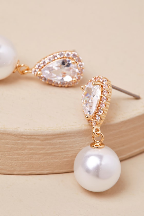 Miona Gold and White Pearl Rhinestone Drop Earrings - thumbnail 3