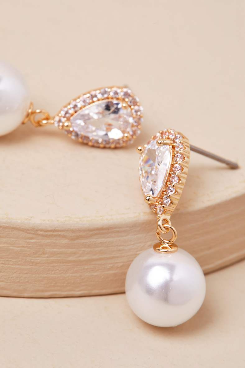 Miona Gold and White Pearl Rhinestone Drop Earrings