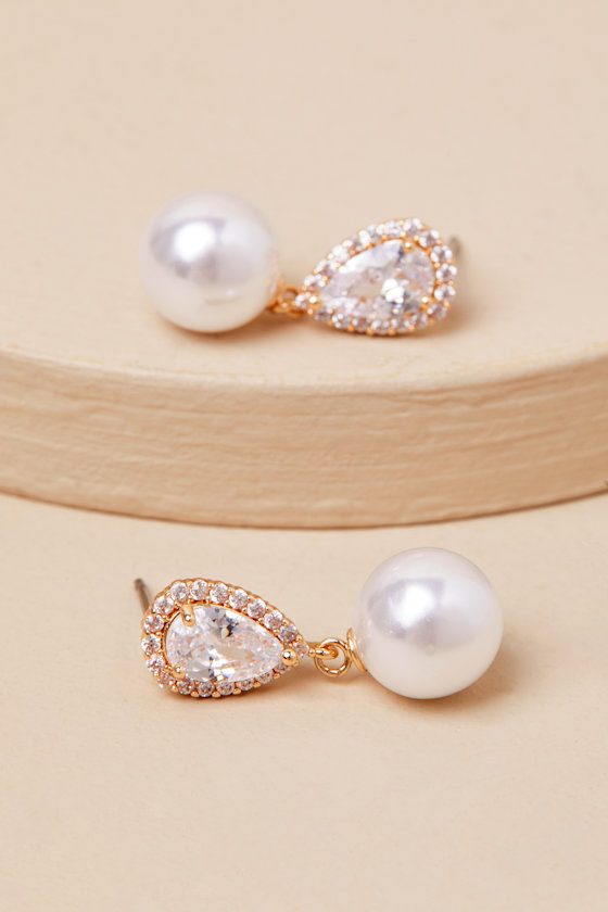 Miona Gold and White Pearl Rhinestone Drop Earrings
