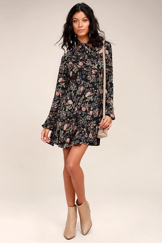 Picturesque Piece Black Floral Long Sleeve Tie-Neck Dress 1