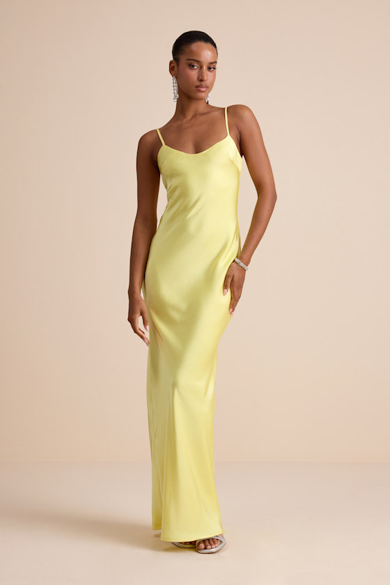 Janet Light Yellow Satin Slip Maxi Dress 1