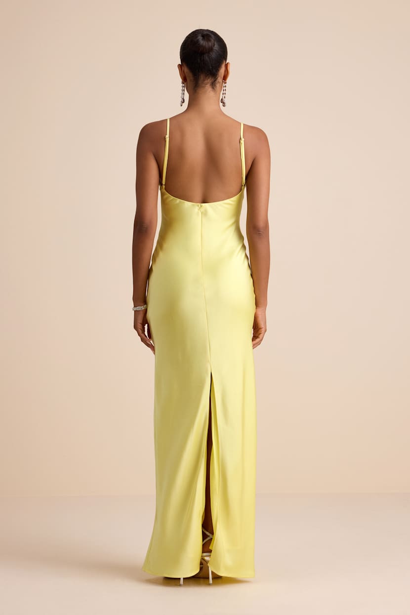 Lulus | Light Yellow Satin Slip Maxi Dress | Womens | X-Large (Available in M, L) | 100% Polyester