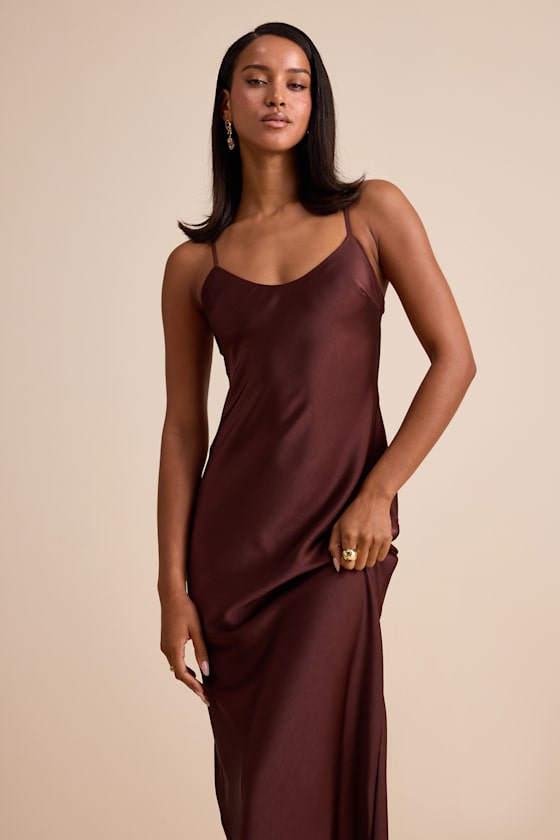Janet Brown Satin Slip Maxi Dress 1