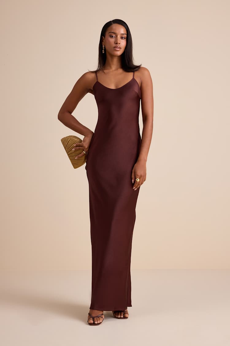 Janet Brown Satin Slip Maxi Dress