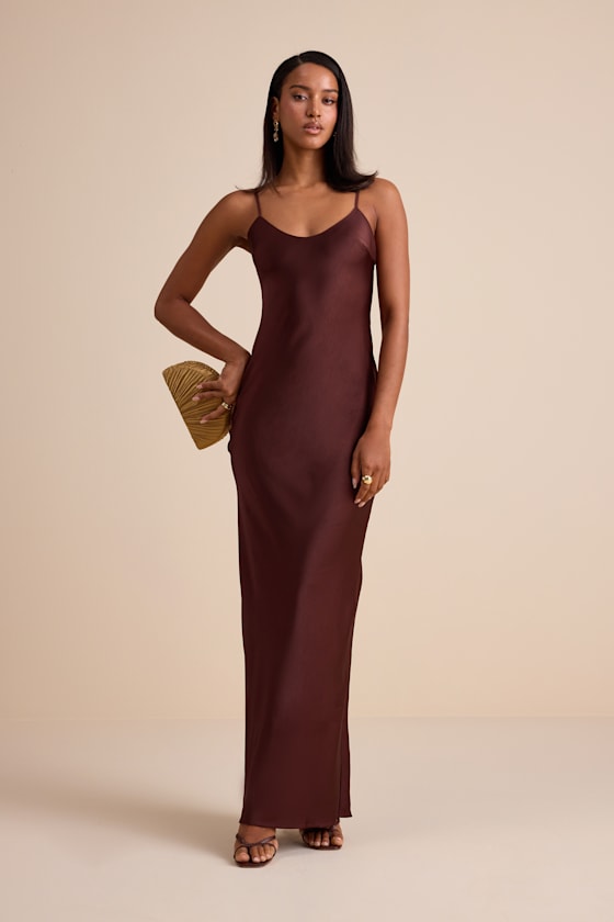 Janet Brown Satin Slip Maxi Dress 2