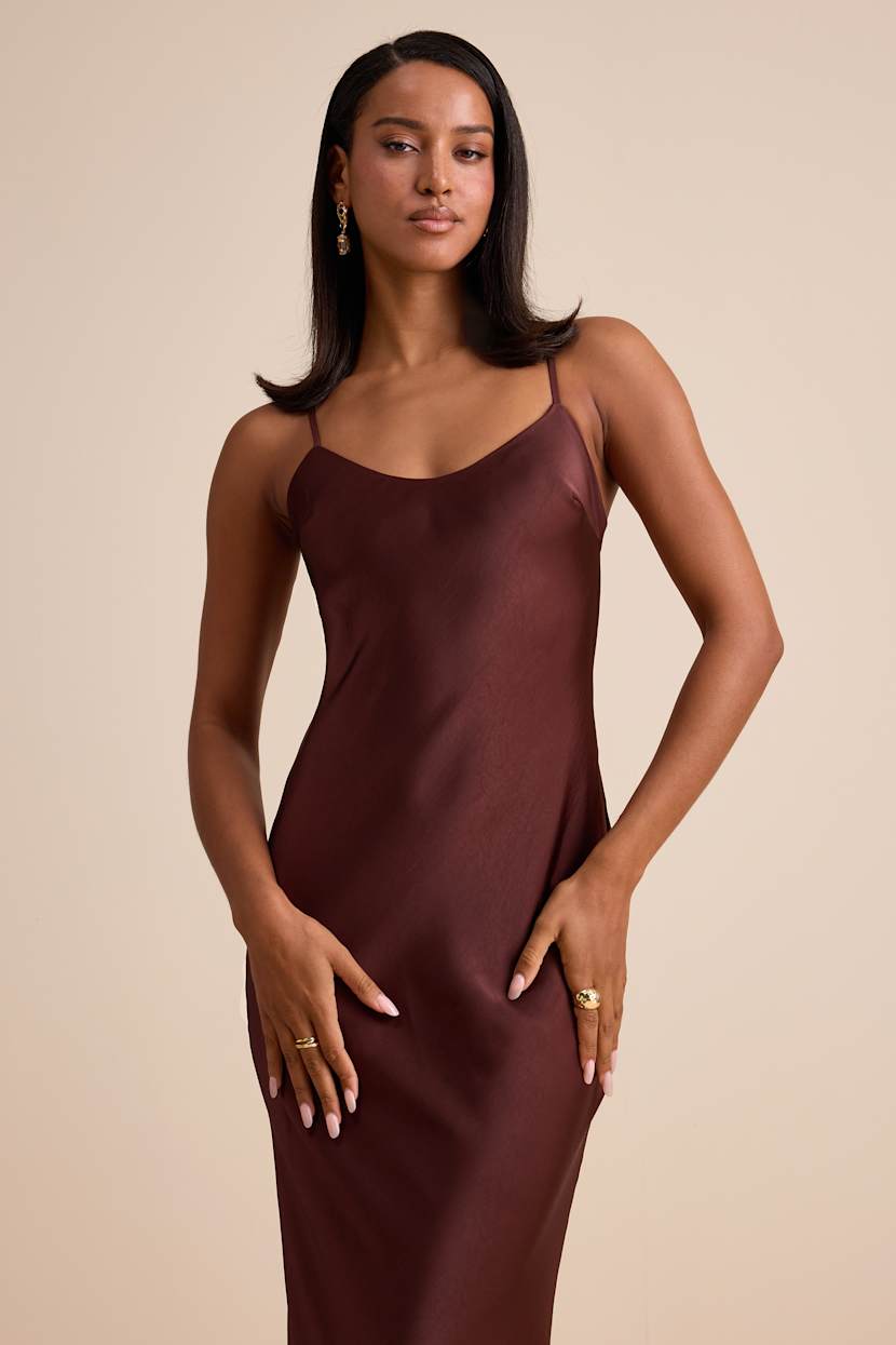 Janet Brown Satin Slip Maxi Dress