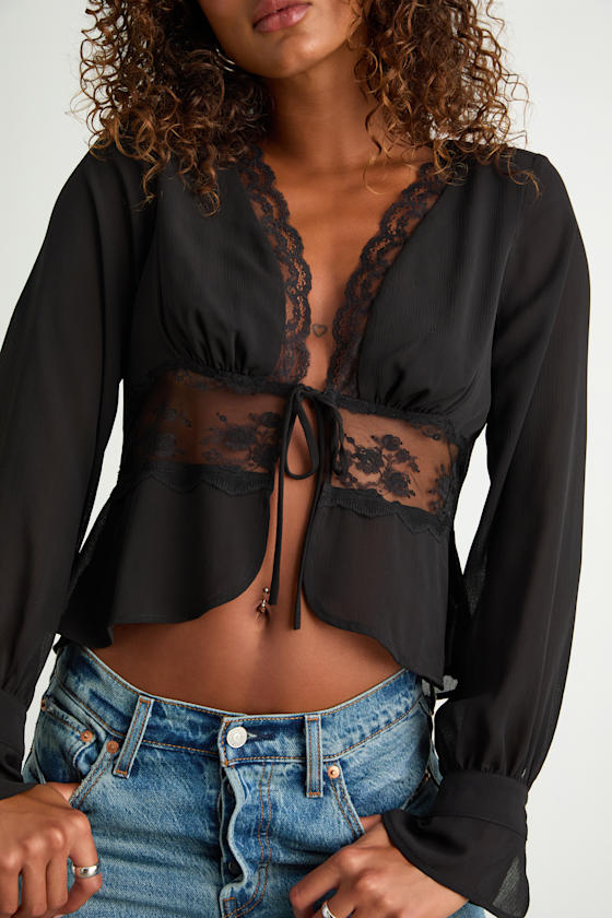Black Top - Long Sleeve Top - Tie-Front Top - Lace-Trimmed