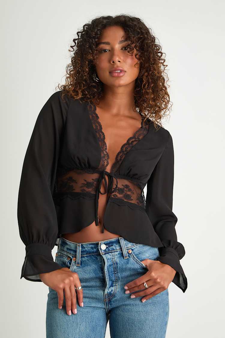 Irelynn Black Lace Long Sleeve Tie-Front Top