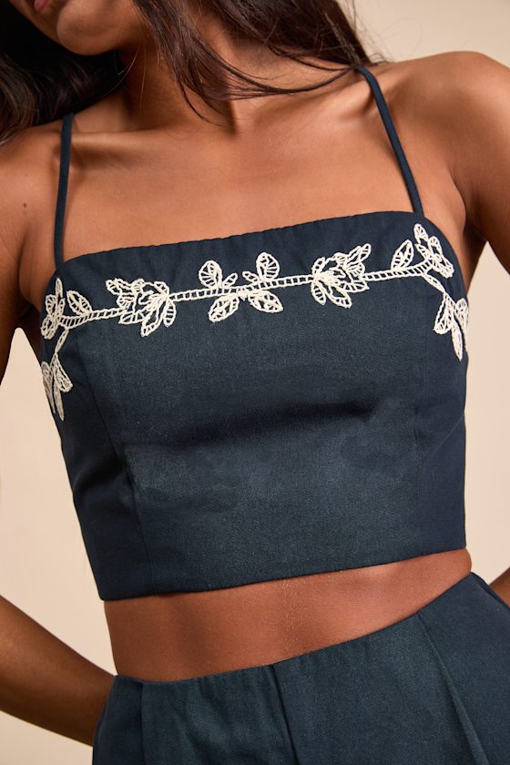 Sarella Navy Cotton Embroidered Cami Top - thumbnail 2