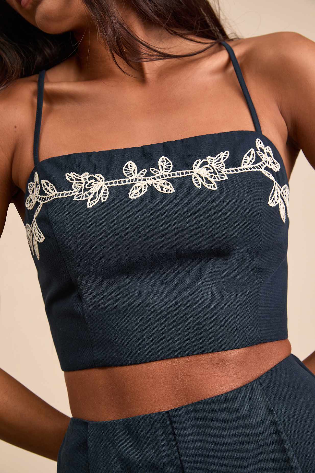 Sarella Navy Cotton Embroidered Cami Top
