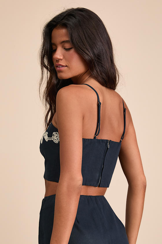 Sarella Navy Cotton Embroidered Cami Top - thumbnail 3