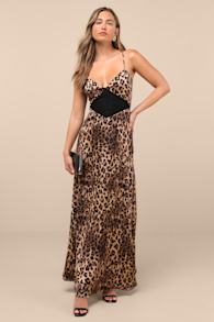Livian Brown Leopard Satin Lace-Up Maxi Dress 1