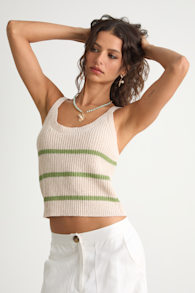 Effortless Sunshine Beige and Green Striped Sweater Tank Top 1