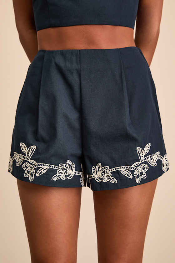 Navy High-Rise Shorts - Cotton Shorts - Embroidered Short Sets - Lulus