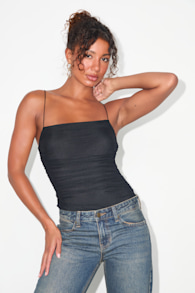 Halona Black Mesh Ruched Sleeveless Bodysuit 1