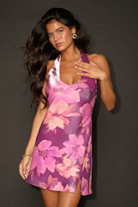 Olandria Purple Floral Halter Mini Slip Dress 1