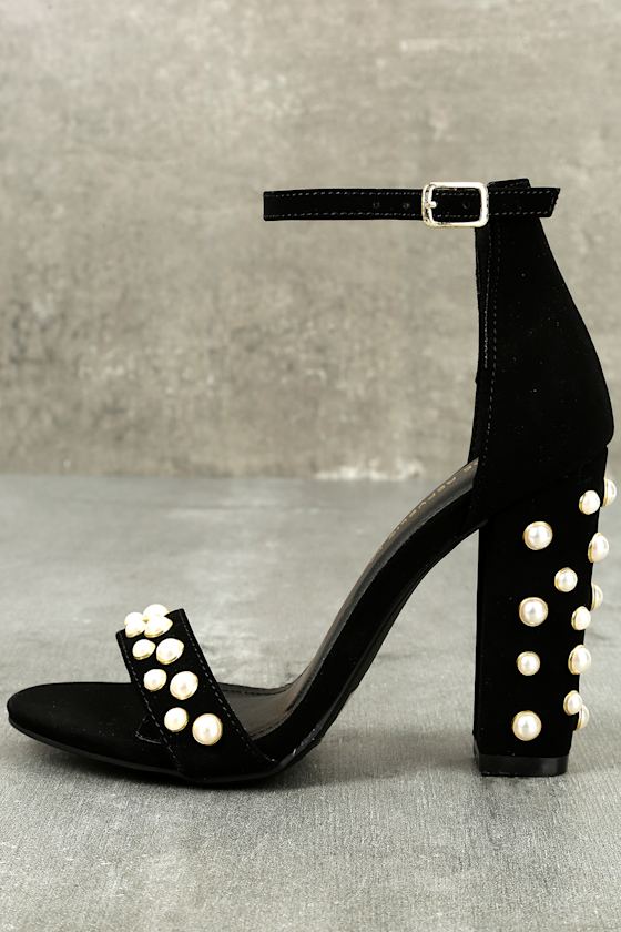 Lenore Black Nubuck Pearl Ankle Strap Heels 1
