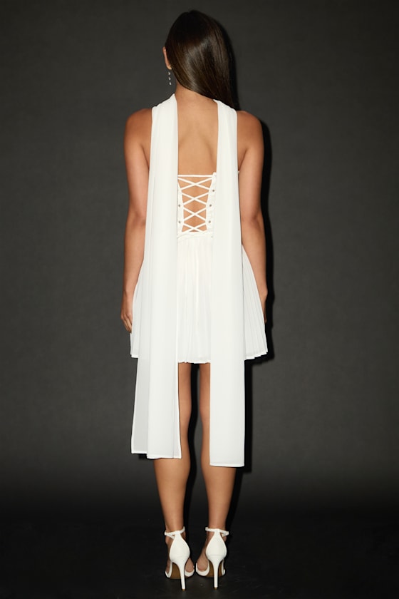 White Jacquard Mini Dress - Dress & Scarf Set - Strapless Dress