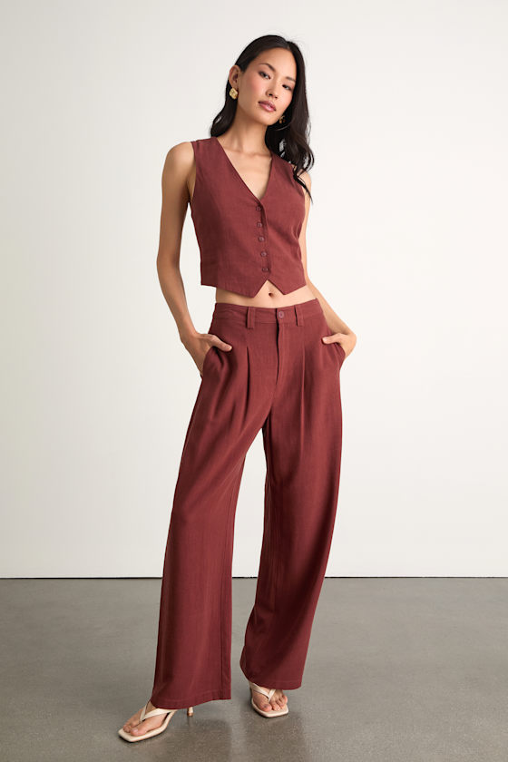 Suits You Perfectly Rust Brown Linen Wide-Leg Pants 1