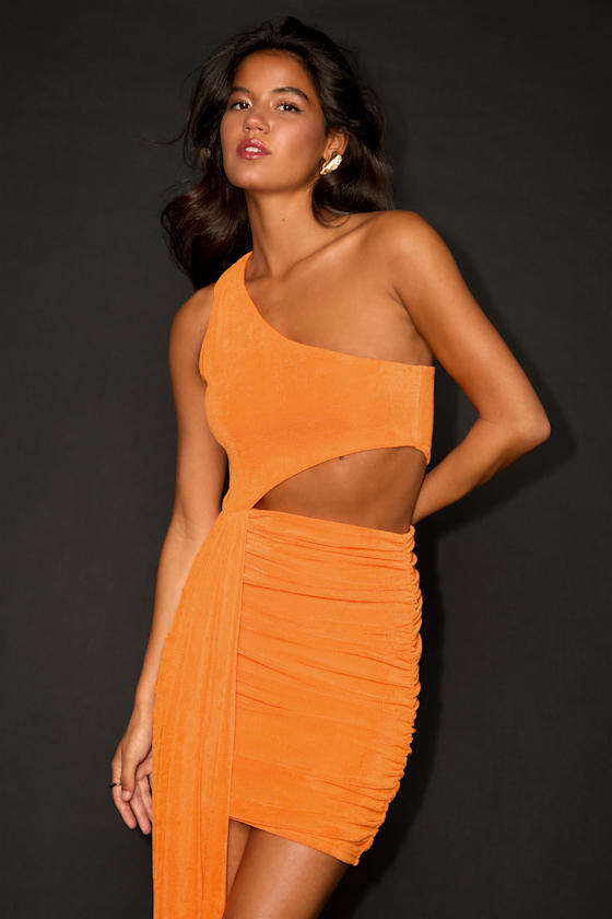 ワンピース [LANG&LU] MICHELE Mini Dress : 2color Orange Knit Bodycon Dress - Cutout Mini Dress - Sash Mini