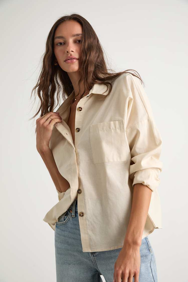 Amelia Dawn Beige Long Sleeve Button-Up Top