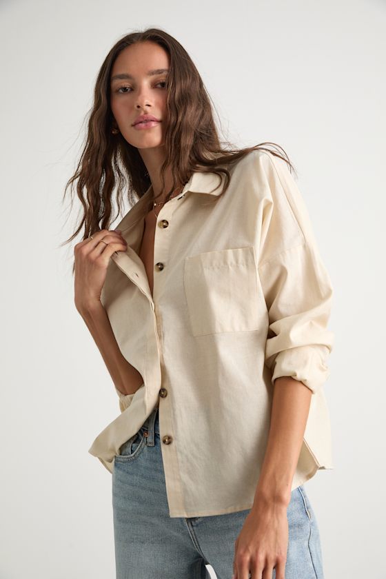 Amelia Dawn Beige Long Sleeve Button-Up Top