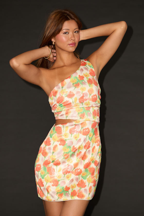 Lulus Carissa White Multi Floral Sequin One-shoulder Mini Dress In White