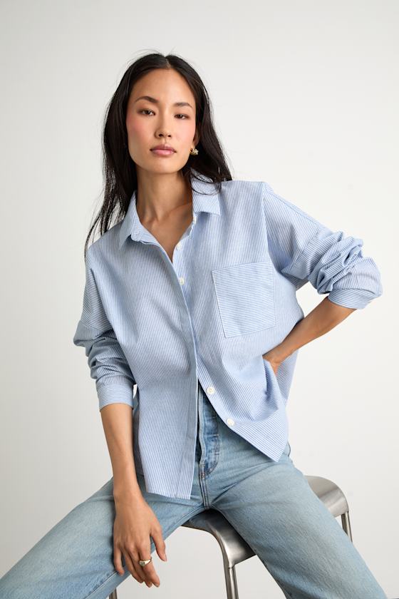 Blue Striped Top - Long Sleeve Top - Collared Button-Up Top - Lulus