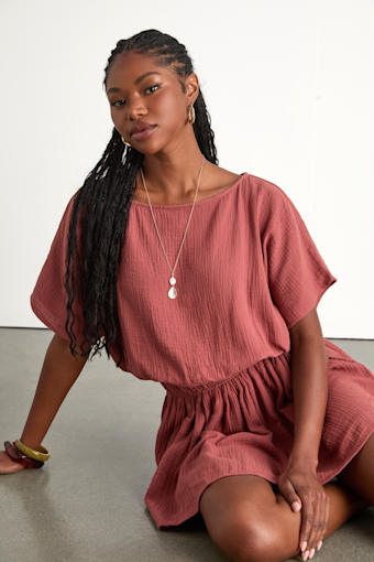 Aevorn Rusty Rose Gauzy Short Sleeve Mini Dress 1