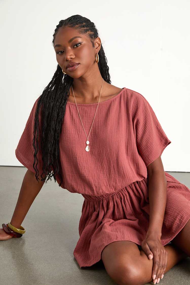 Pink Aevorn Rusty Rose Gauzy Short Sleeve Mini Dress | Womens | X-Small (Available in S) | 100% Cotton | Lulus Pink Aevorn Rusty Rose Gauzy Short Sleeve Mini Dress | Womens | X-Small (Available in S) | 100% Cotton | Lulus