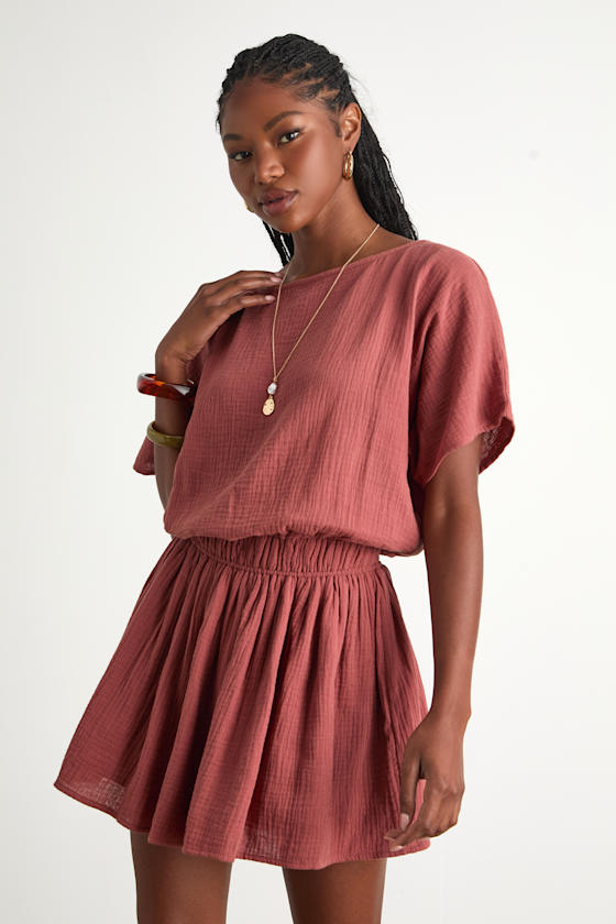 Aevorn Rusty Rose Gauzy Short Sleeve Mini Dress 2