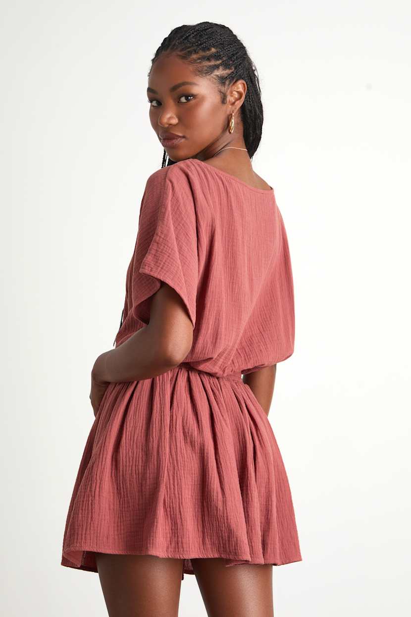 Pink Aevorn Rusty Rose Gauzy Short Sleeve Mini Dress | Womens | X-Small (Available in S) | 100% Cotton | Lulus Pink Aevorn Rusty Rose Gauzy Short Sleeve Mini Dress | Womens | X-Small (Available in S) | 100% Cotton | Lulus