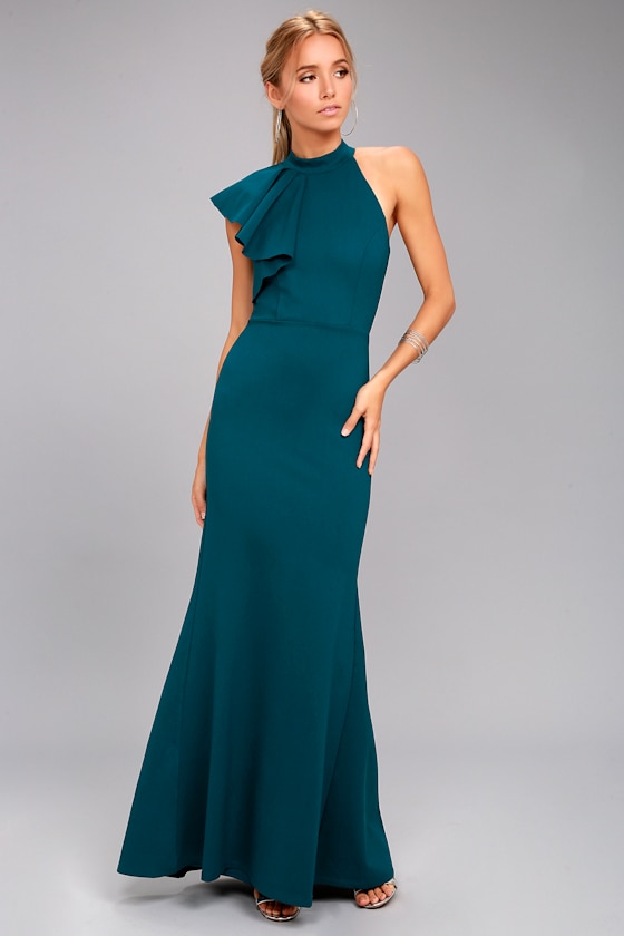 Margaux Teal Blue One-Shoulder Maxi Dress 1