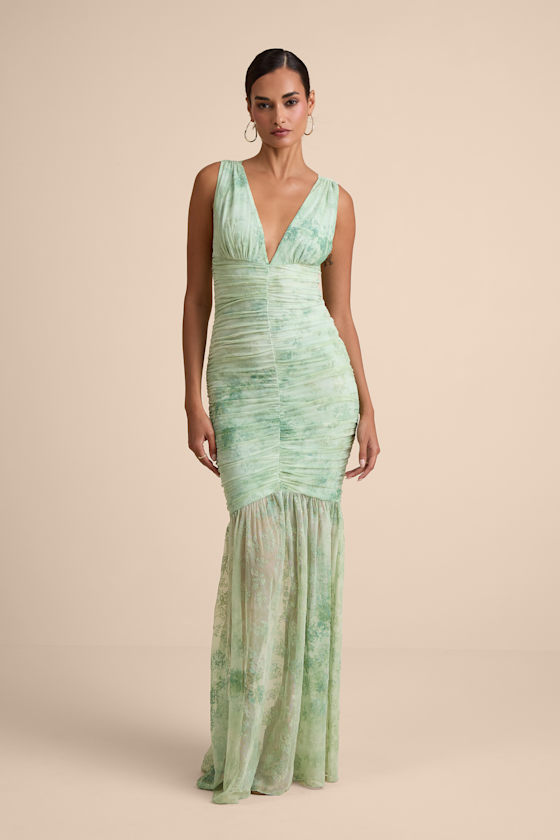 Lulus Jamie Mint Green Floral Mesh Sheer Hem Maxi Dress In Green