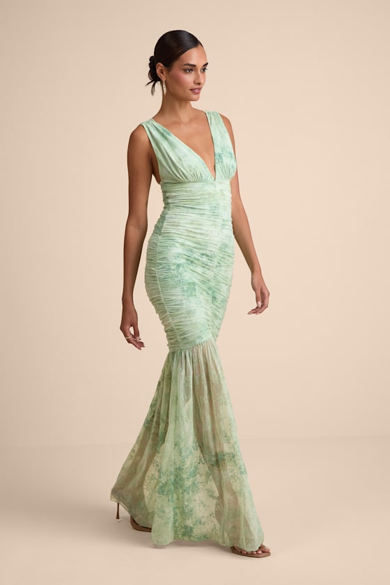 Lulus Jamie Mint Green Floral Mesh Sheer Hem Maxi Dress In Green