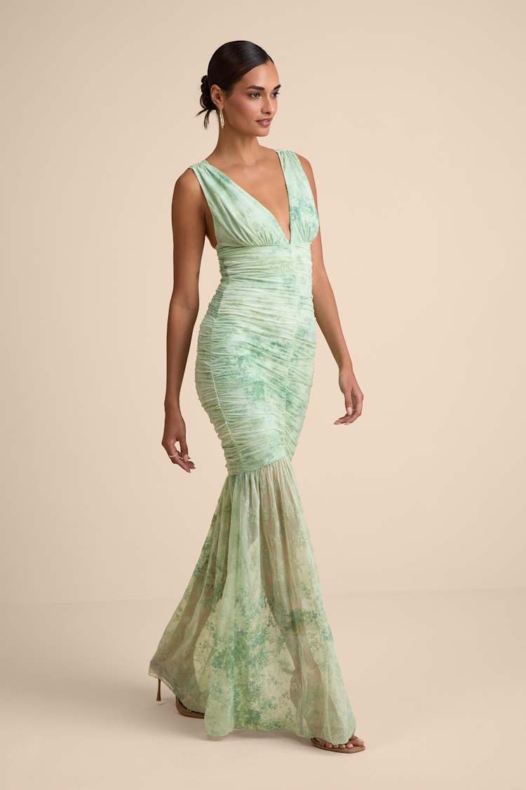 Jamie Mint Green Floral Mesh Sheer Hem Maxi Dress