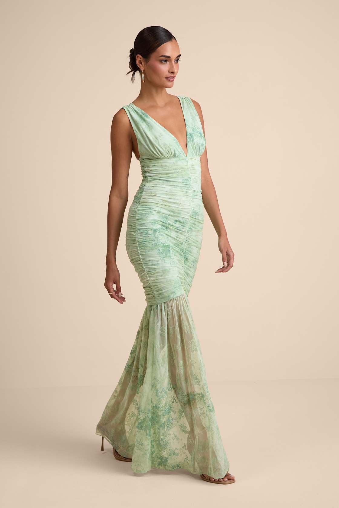 Jamie Mint Green Floral Mesh Sheer Hem Maxi Dress