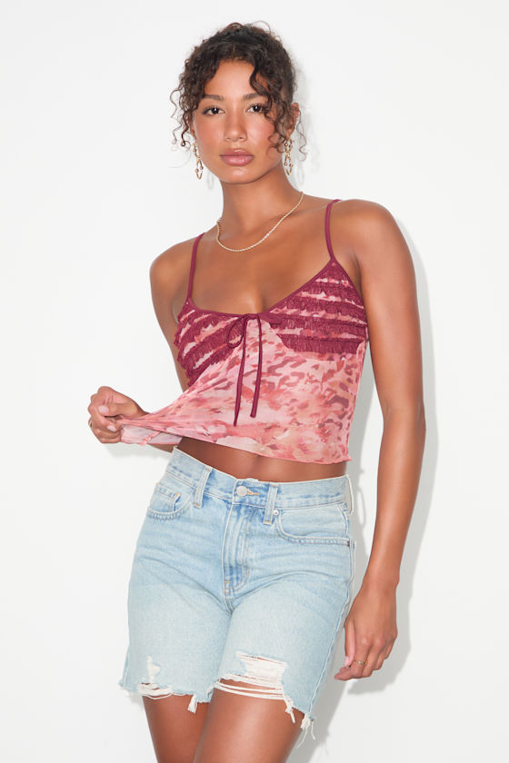 Image of Taisiya Pink and Burgundy Ruffled Mesh Cami Top