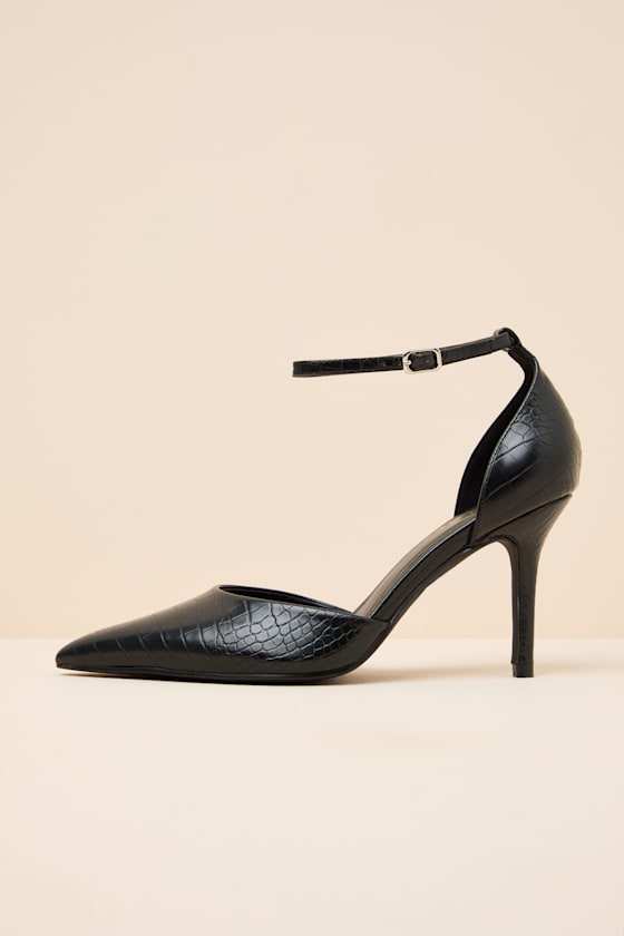 Acrux Black Croc Pointed-Toe Ankle Strap Pumps 1