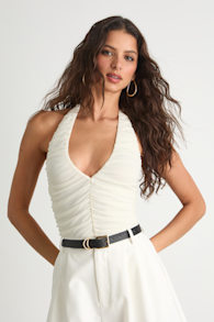 Dafina Ivory Mesh Ruched Halter Bodysuit 1