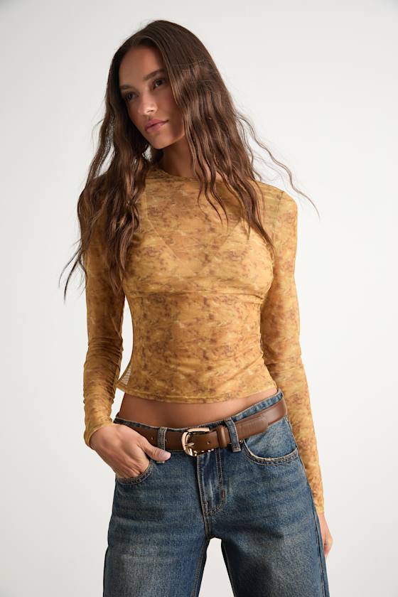 ayumi0027SOLID SLEEVE SHEER S/S TOPS Yellow Abstract Mesh Top - Sheer Mesh Top - Long Sleeve Mesh Top