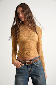 Yumi Yellow Abstract Sheer Mesh Long Sleeve Top 1