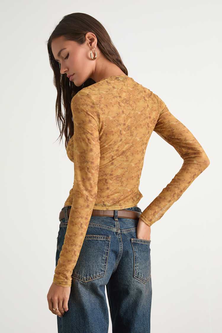 Yumi Yellow Abstract Sheer Mesh Long Sleeve Top