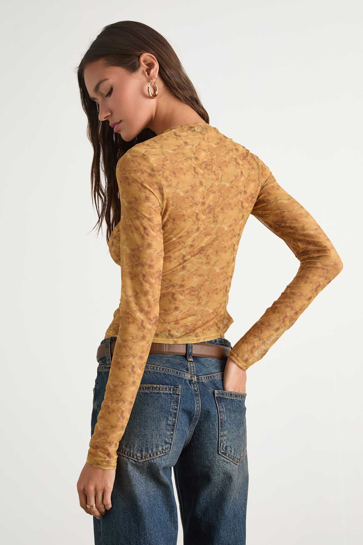 Yumi Yellow Abstract Sheer Mesh Long Sleeve Top
