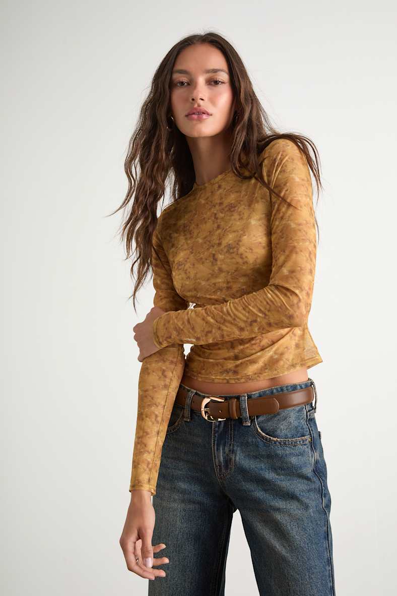 Yumi Yellow Abstract Sheer Mesh Long Sleeve Top