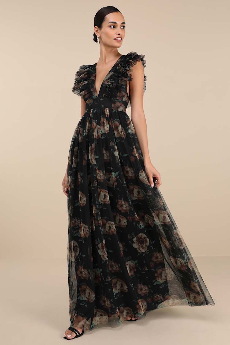 knee length dresses for ladies Mayra Black Floral Embroidered Cape Sleeve Maxi Dress – Frock and Frill